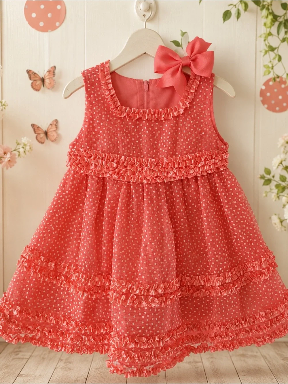 Rare Too Baby Girls 12M Coral Polka Dot Ruffle Dress Bloomers Bow NWOT